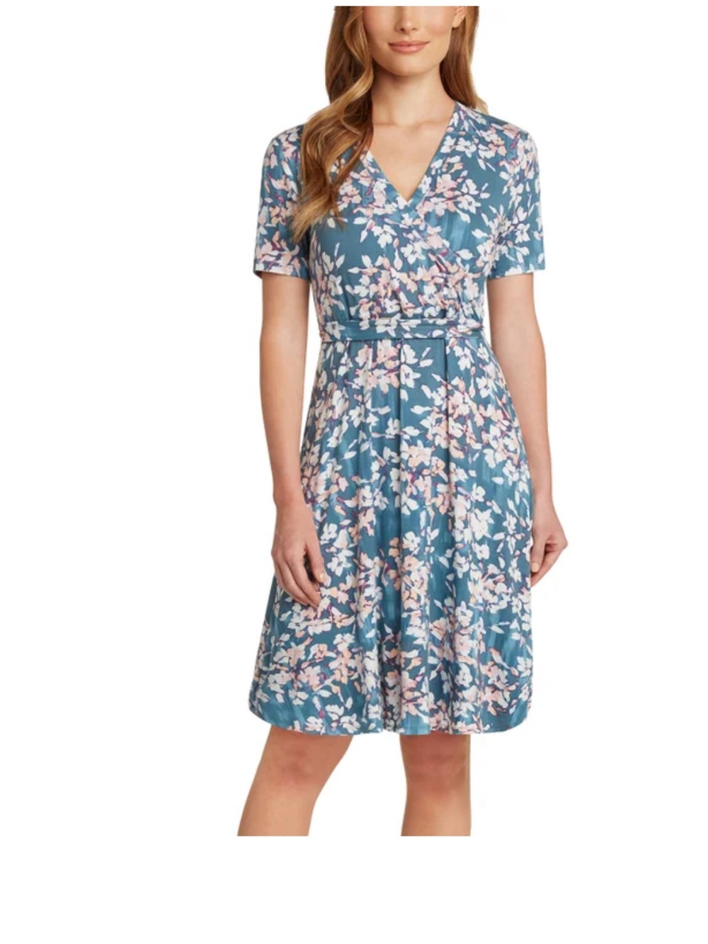Matty M Dusty Blue Floral Wrap-Style Midi Dress